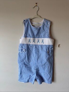 Classic Blue Gingham Boys' Shortall with Bunny Appliqué - Easter